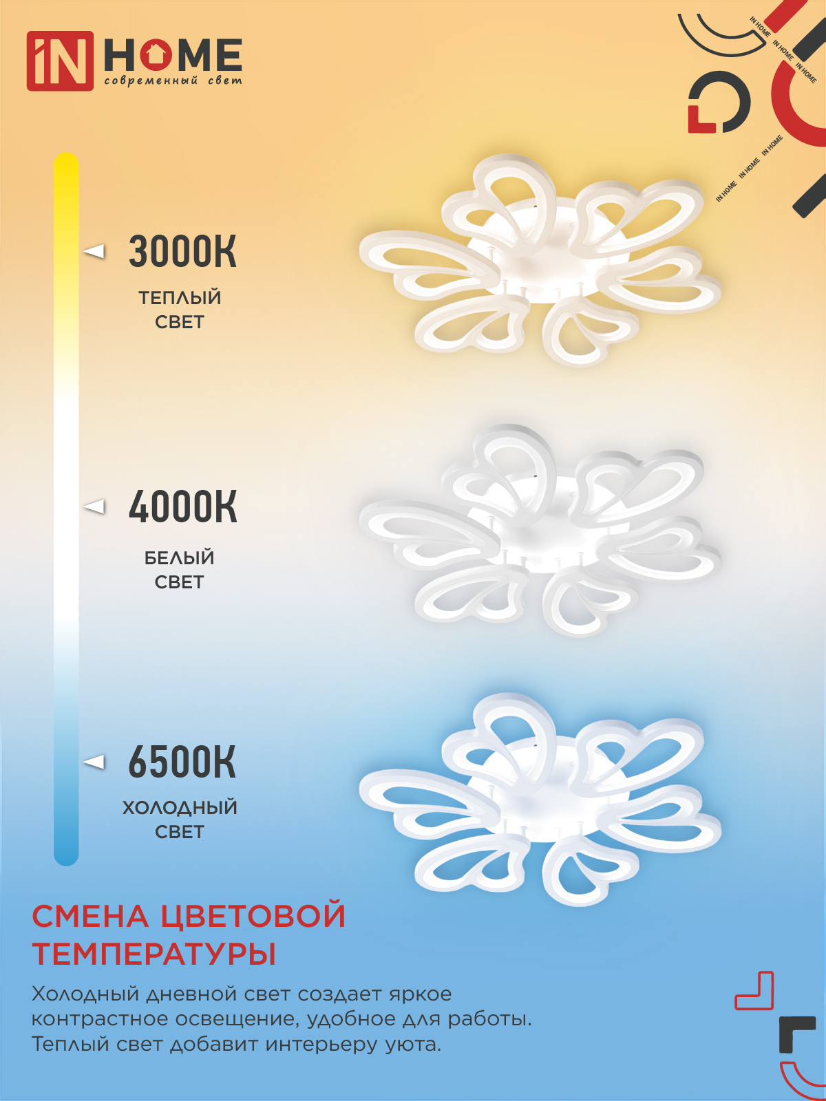 Светильник светодиодный ELEGANT IRIS 120Вт 230В 3000-6500K 607х535х85мм c пультом ДУ белый IN HOME в Находке