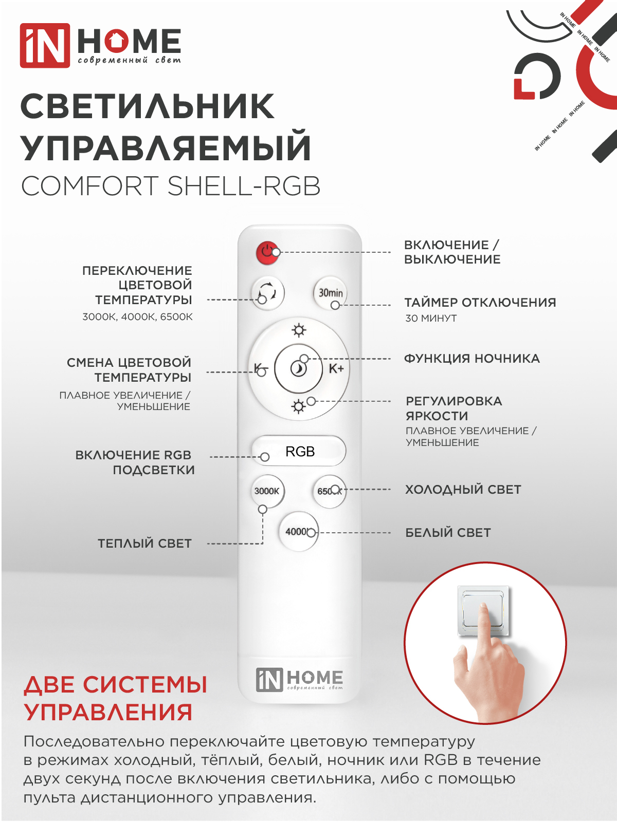 Светильник светодиодный COMFORT SHELL-RGB 125Вт 230В 3000-6500K 10000Лм 500x80мм с пультом ДУ IN HOME в Находке