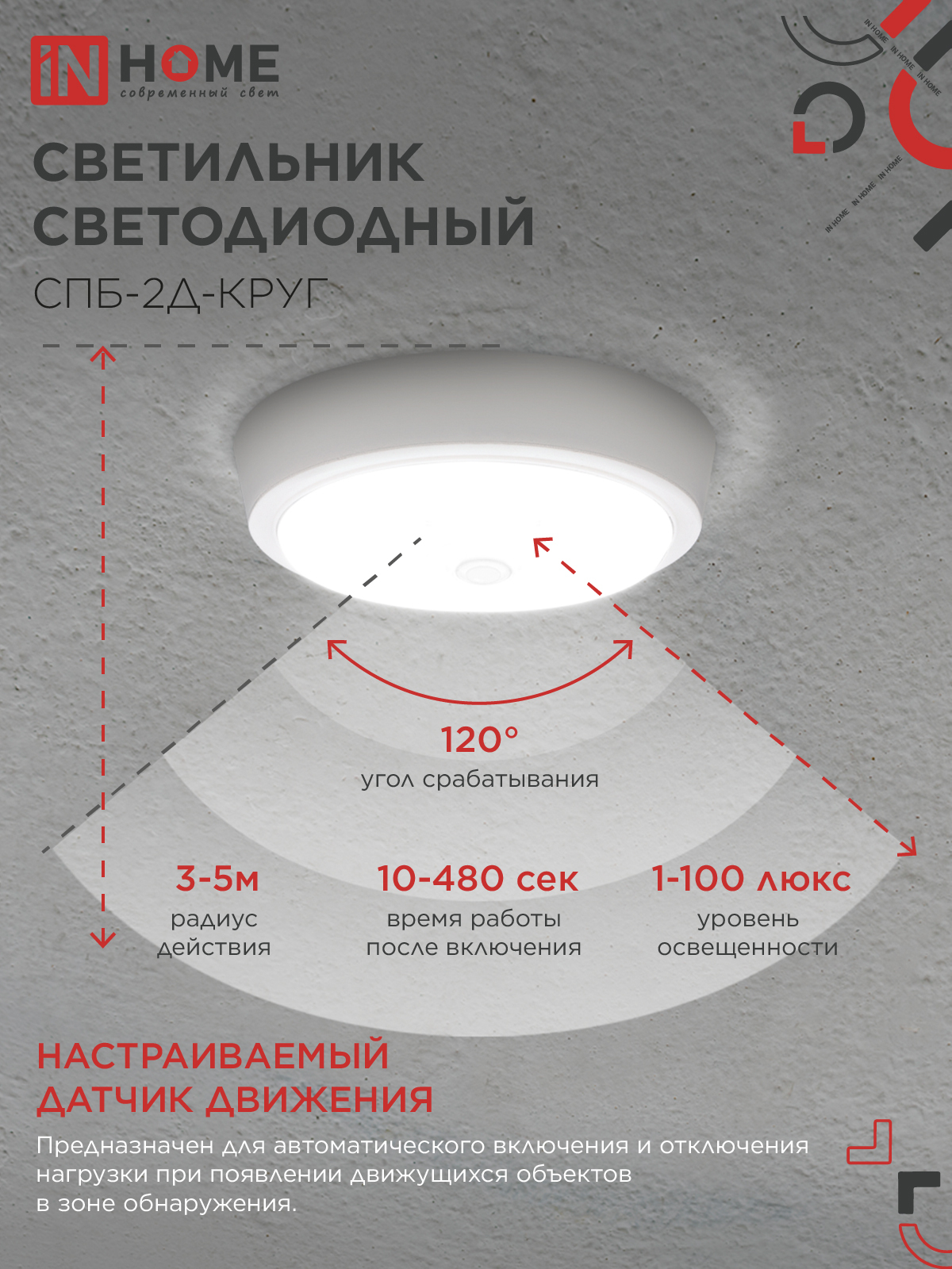 Светильник светодиодный СПБ-2Д-КРУГ 14Вт 230В 4000К 1100Лм 210мм с настраиваемым датчиком белый IN HOME в Находке