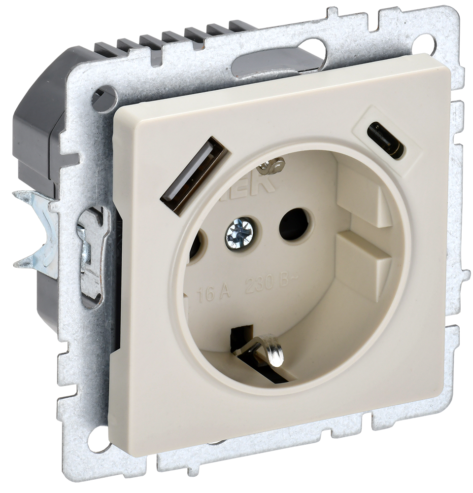 Розетка одинарная с з/к со шторками 16А с USB A+C 18Вт BRITE IEK бежевая в Находке