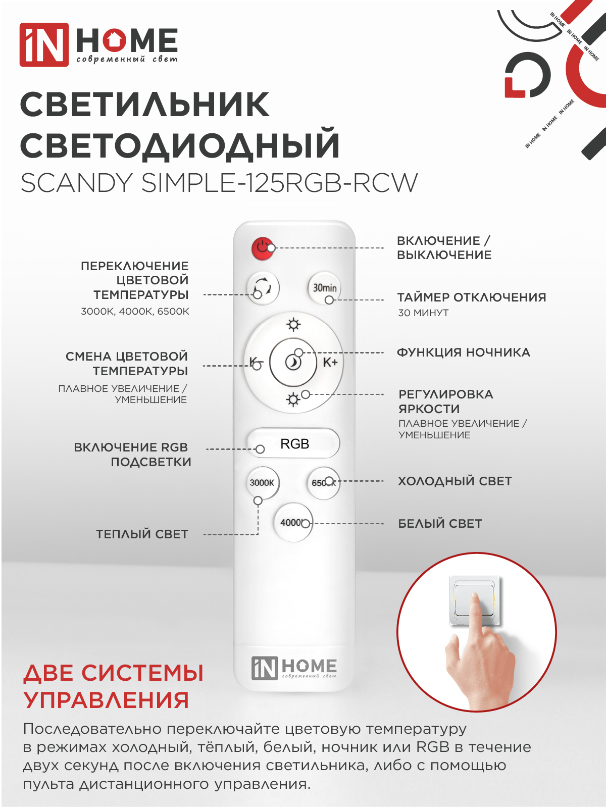 Светильник светодиодный SCANDY SIMPLE-125RGB-RCW 125Вт 230В 3000-6500K 10000Лм 400x50мм пульт ДУ белый IN HOME в Находке