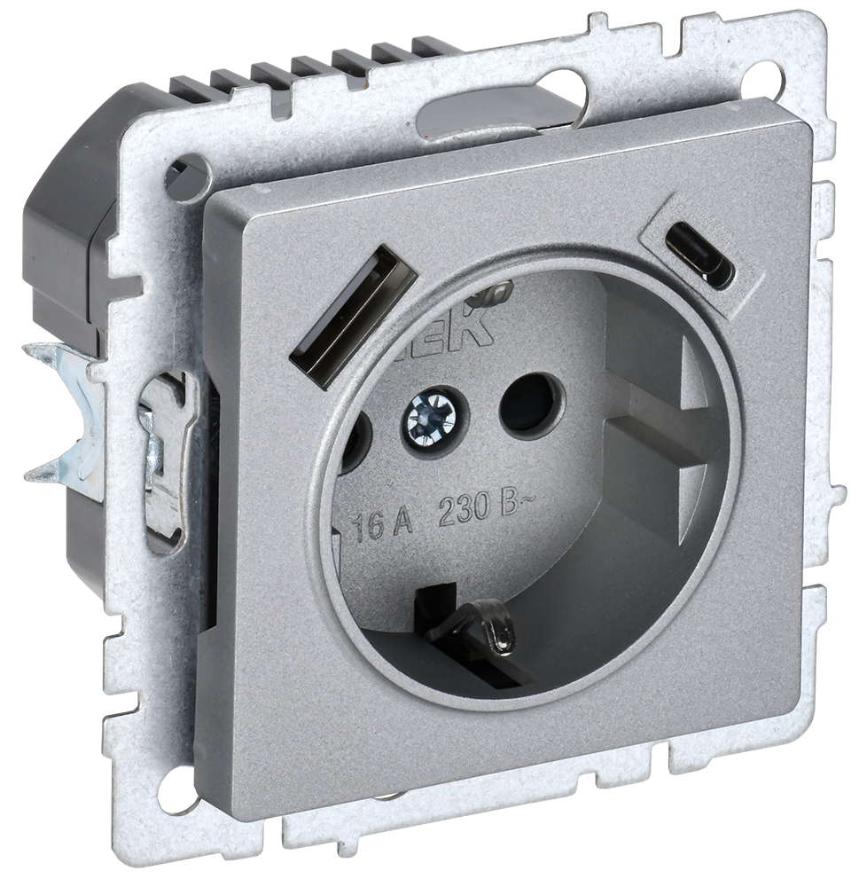 Розетка одинарная с з/к со шторками 16А с USB A+C 18Вт BRITE IEK алюминий в Находке