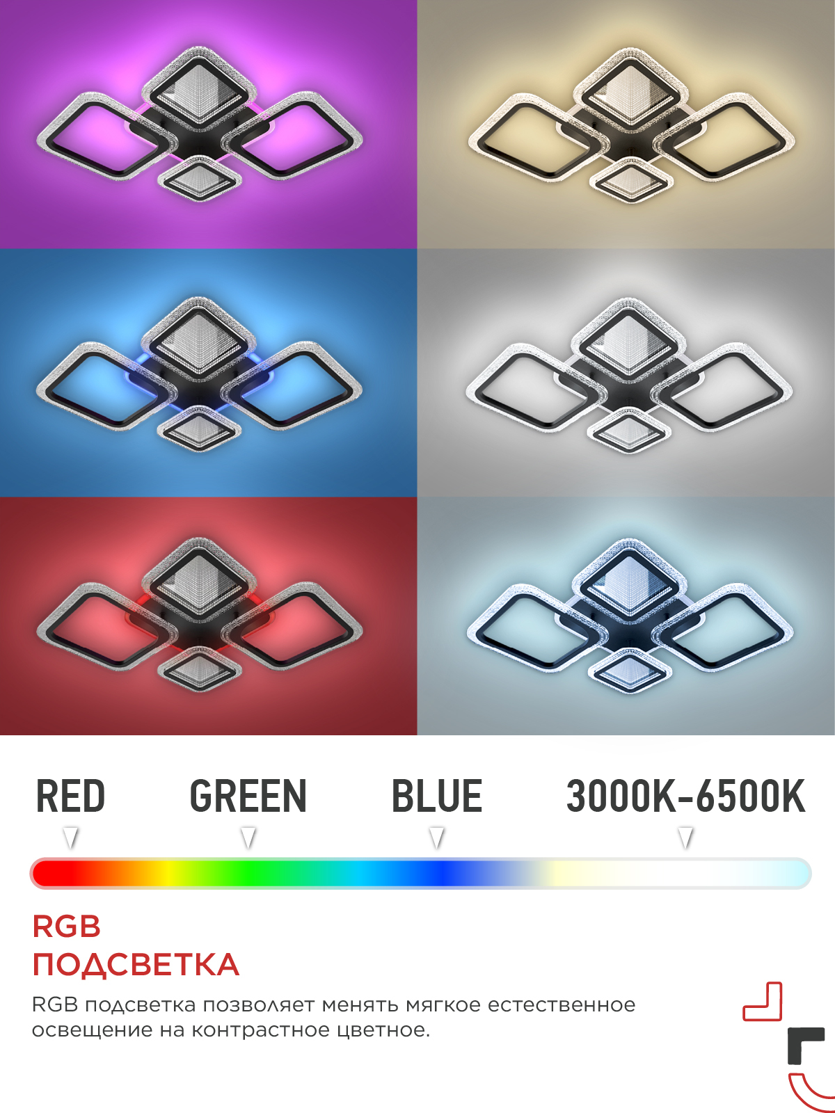 Светильник светодиодный ELEGANT SPACE-120RGB-BL-BG 120Вт 230В 3000-6500K 8400Лм 530х530х125мм пульт ДУ черный IN HOME в Находке