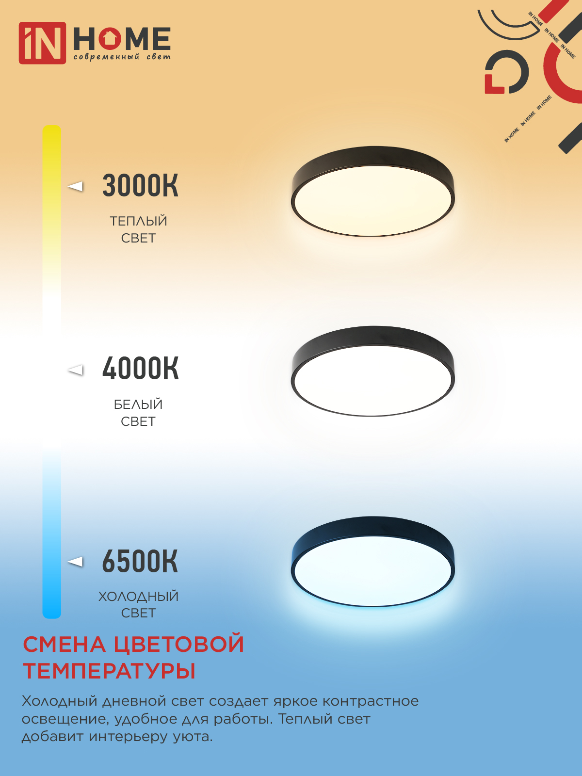 Светильник светодиодный SCANDY SIMPLE-125RCB 125Вт 230В 3000-6500K 10000Лм 400x50мм пульт ДУ черный IN HOME в Находке