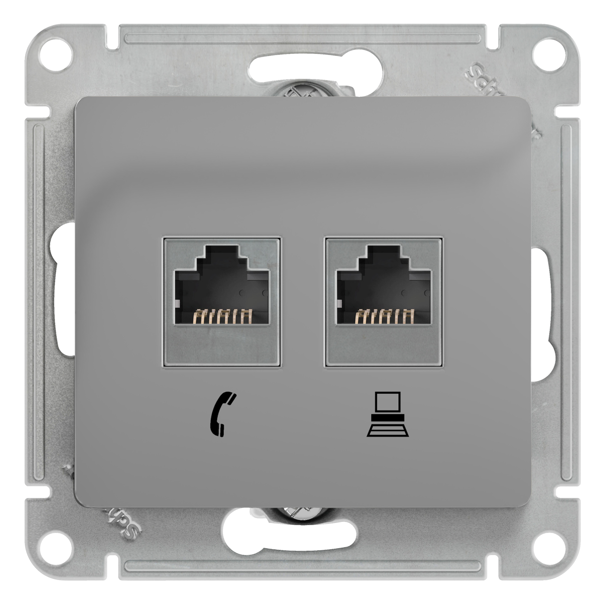 Розетка двойная телефонная компьютерная RJ11+RJ45 Glossa SE алюминий в Находке