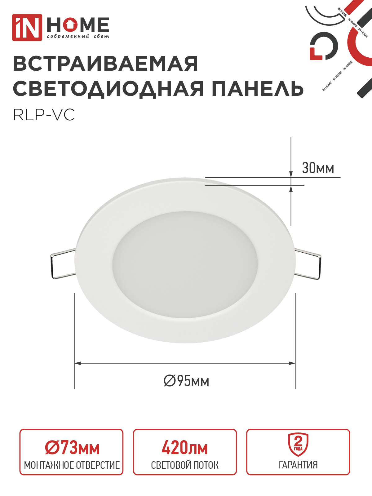 Панель светодиодная встраиваемая круглая RLP-VC 640WH 6Вт 230В 4000К 420Лм 95мм белая IP40 IN HOME в Находке
