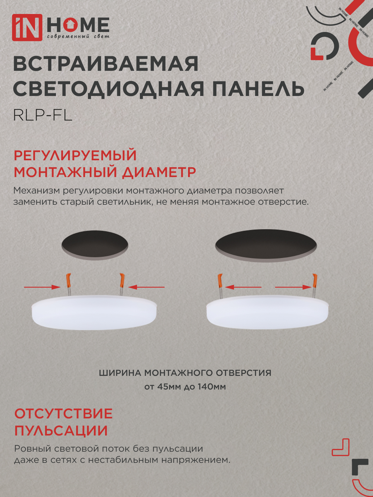 Панель светодиодная встраиваемая безрамочная RLP-FL 24Вт 230В 6500К 2160Лм 170мм с регулируемым монтажом 45-140мм белая IP20 IN HOME в Находке