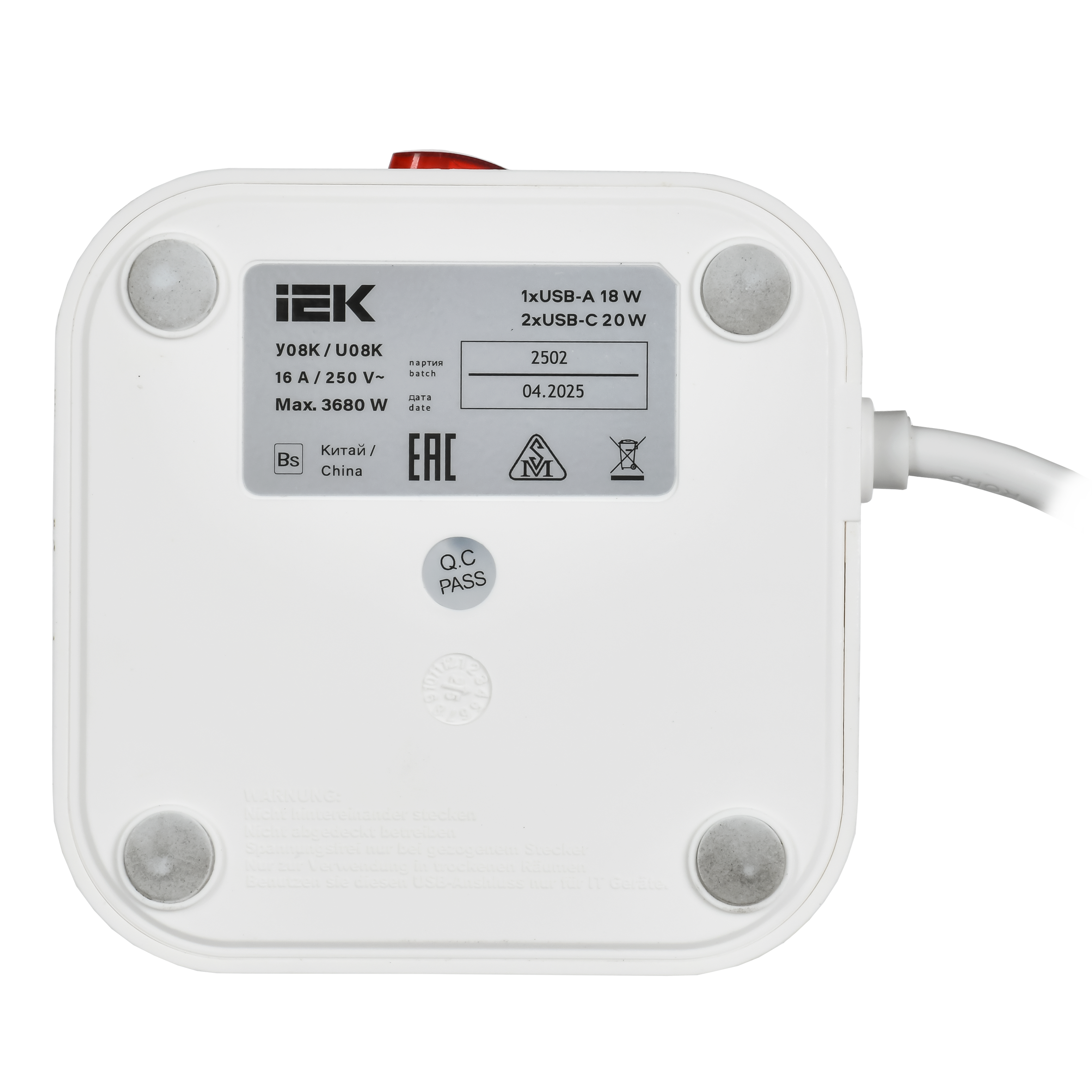 Удлинитель DOMINIC У08K 1,5м 3х1мм2 USB A+C 20Вт белый IEK в Находке