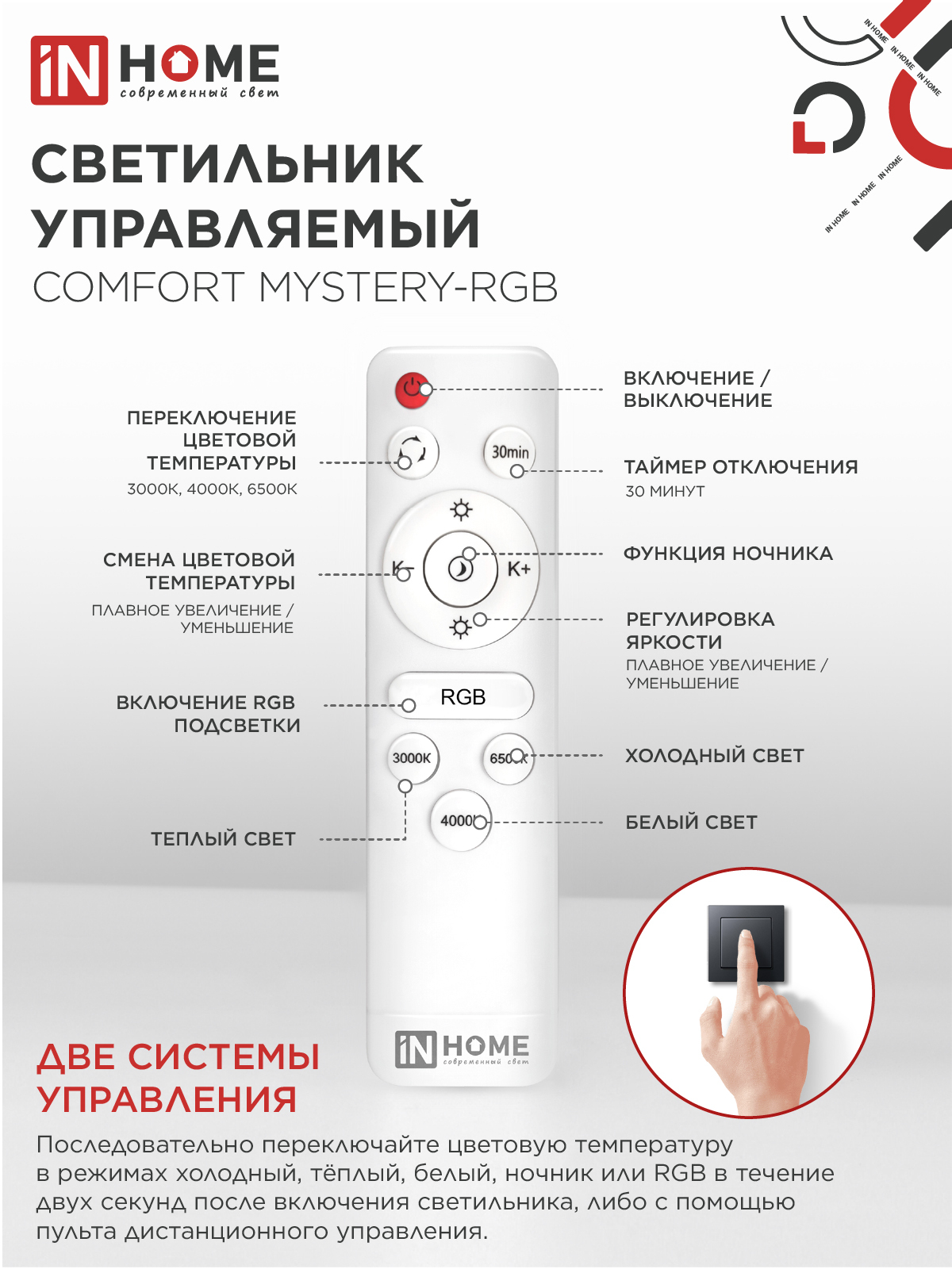 Светильник светодиодный COMFORT MYSTERY-RGB 125Вт 230В 3000-6500K 10000Лм 500x80мм с пультом ДУ IN HOME в Находке