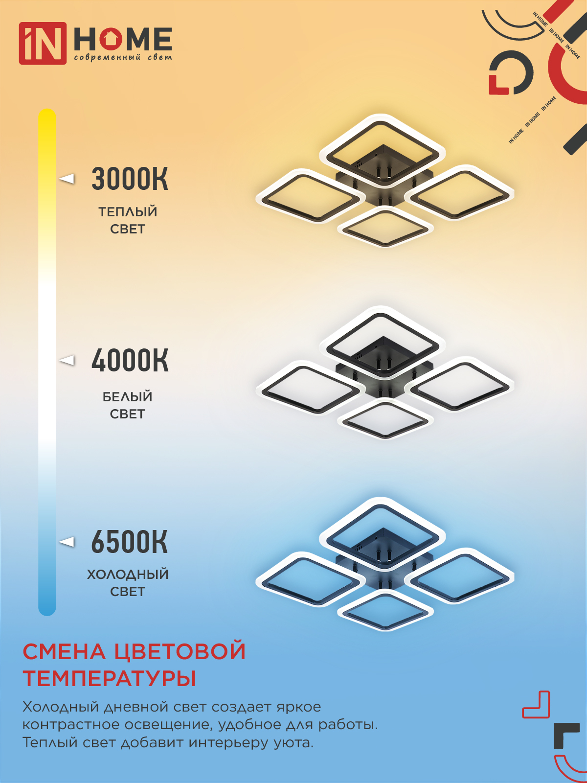 Светильник светодиодный ELEGANT ARIS-B 60Вт 230В 3000-6500K 4700Лм 450х450х75мм c пультом ДУ черный IN HOME в Находке
