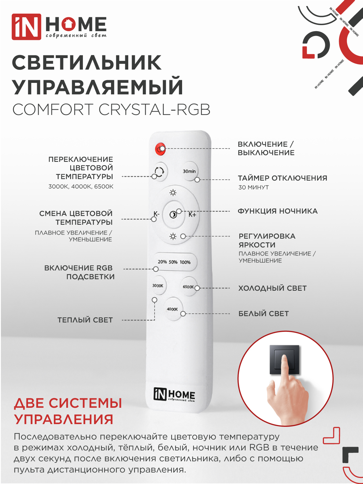 Светильник светодиодный COMFORT CRYSTAL-RGB 125Вт 230В 3000-6500K 10000Лм 500x115мм с пультом ДУ IN HOME в Находке