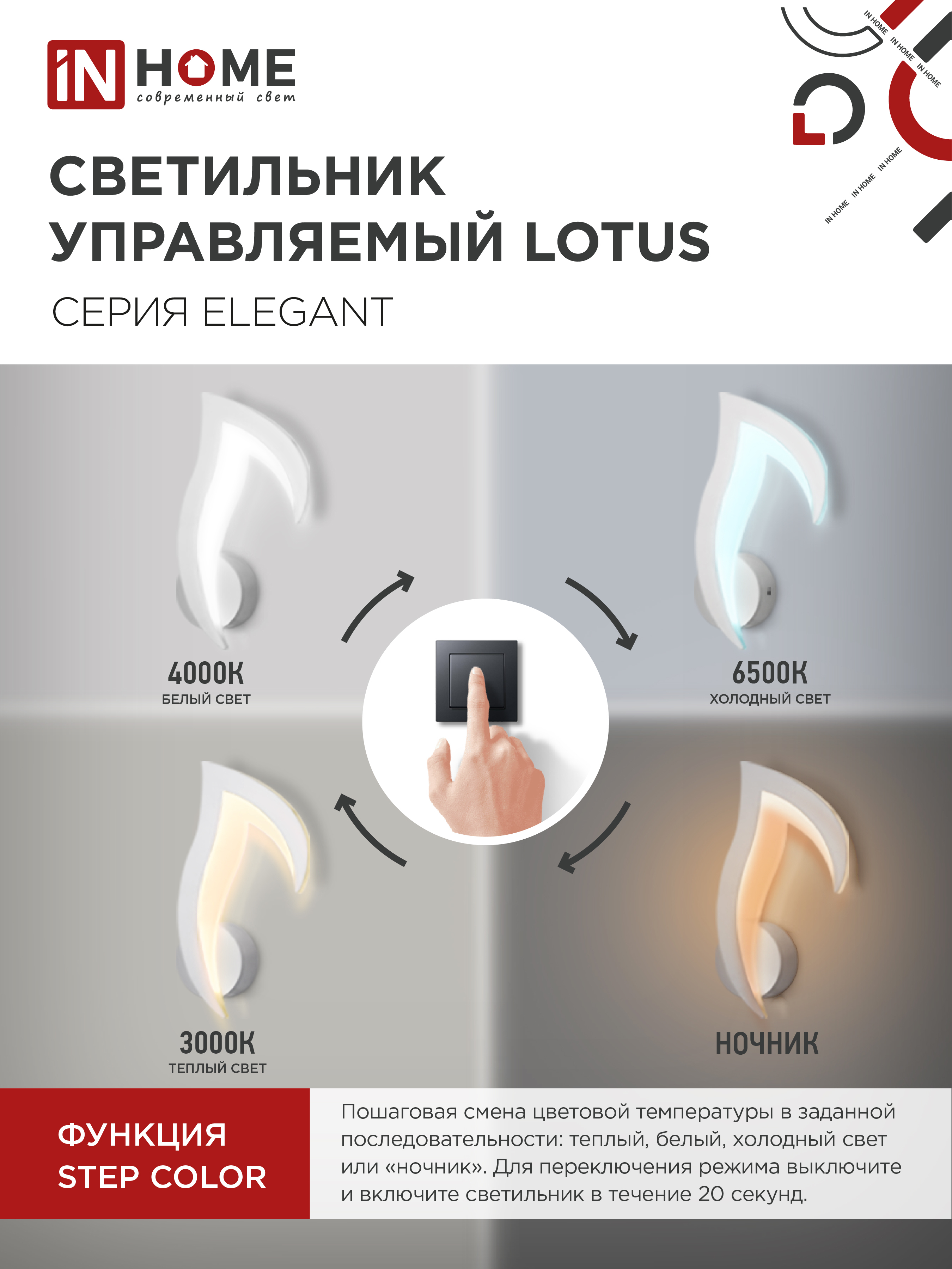 Светильник светодиодный ELEGANT LOTUS 15Вт 230В 3000-6500K 1200Лм STEP COLOR белый IN HOME в Находке