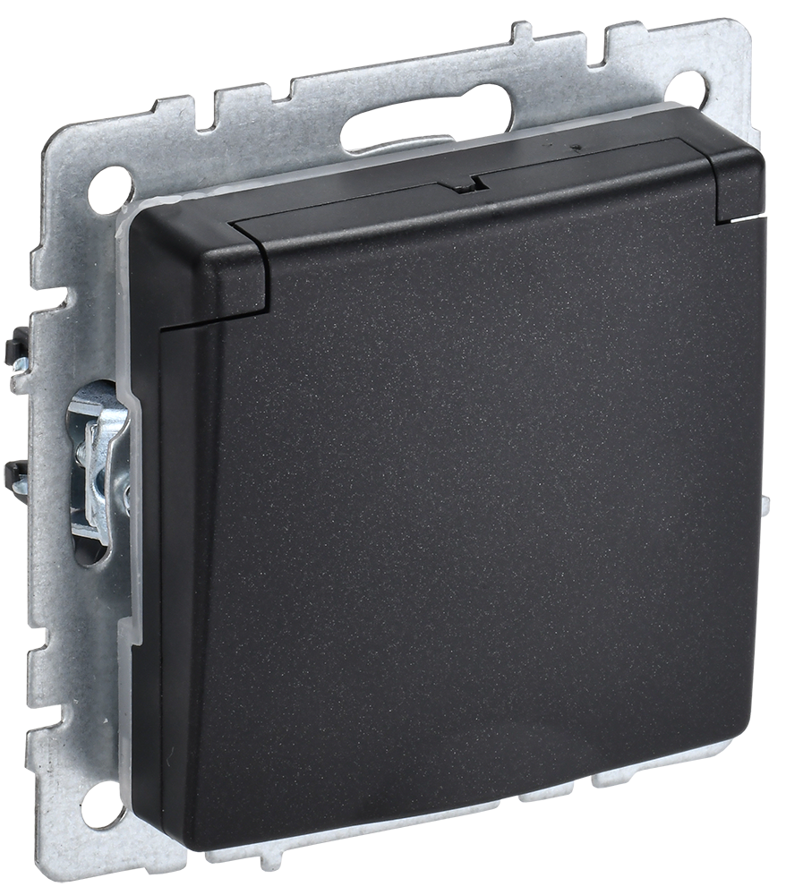 Розетка одинарная с з/к со шторками с крышкой 16А IP44 BRITE IEK черная в Находке