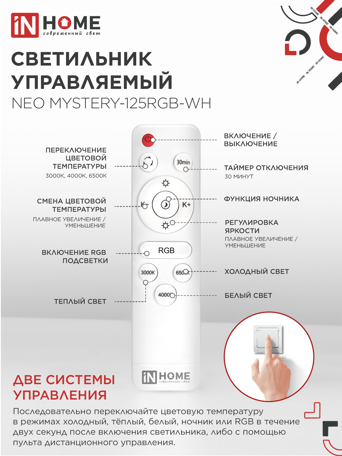 Светильник светодиодный NEO MYSTERY-125RGB-WH 125Вт 230В 3000-6500K 10000Лм 465x60мм ДУ белый IN HOME в Находке