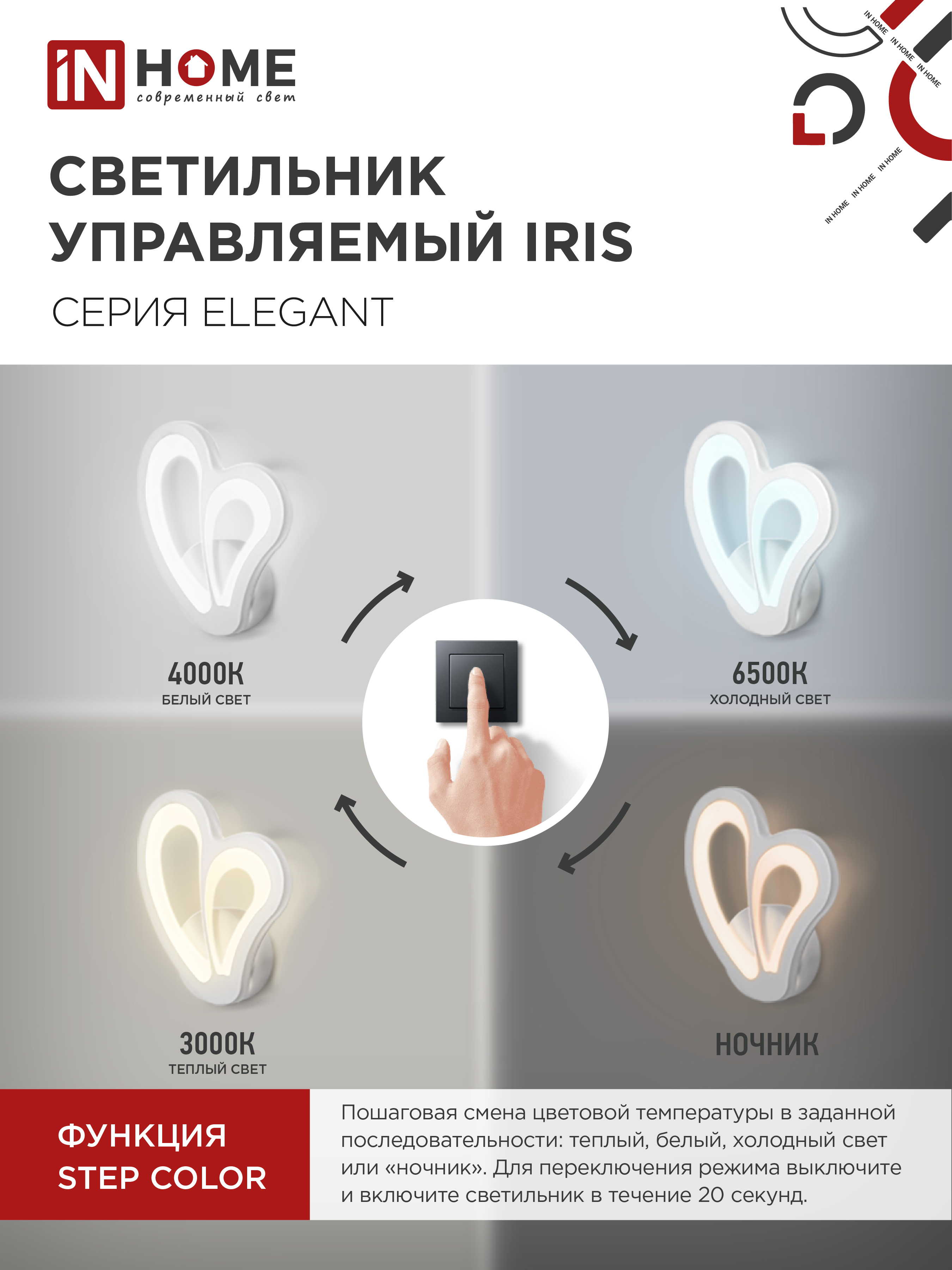 Светильник светодиодный ELEGANT IRIS 15Вт 230В 3000-6500K 1200Лм STEP COLOR белый IN HOME в Находке