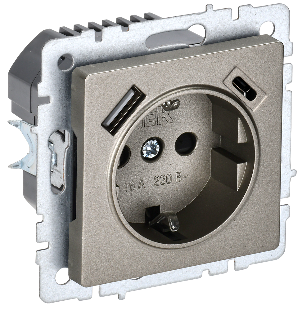 Розетка одинарная с з/к со шторками 16А с USB A+C 18Вт BRITE IEK шампань в Находке