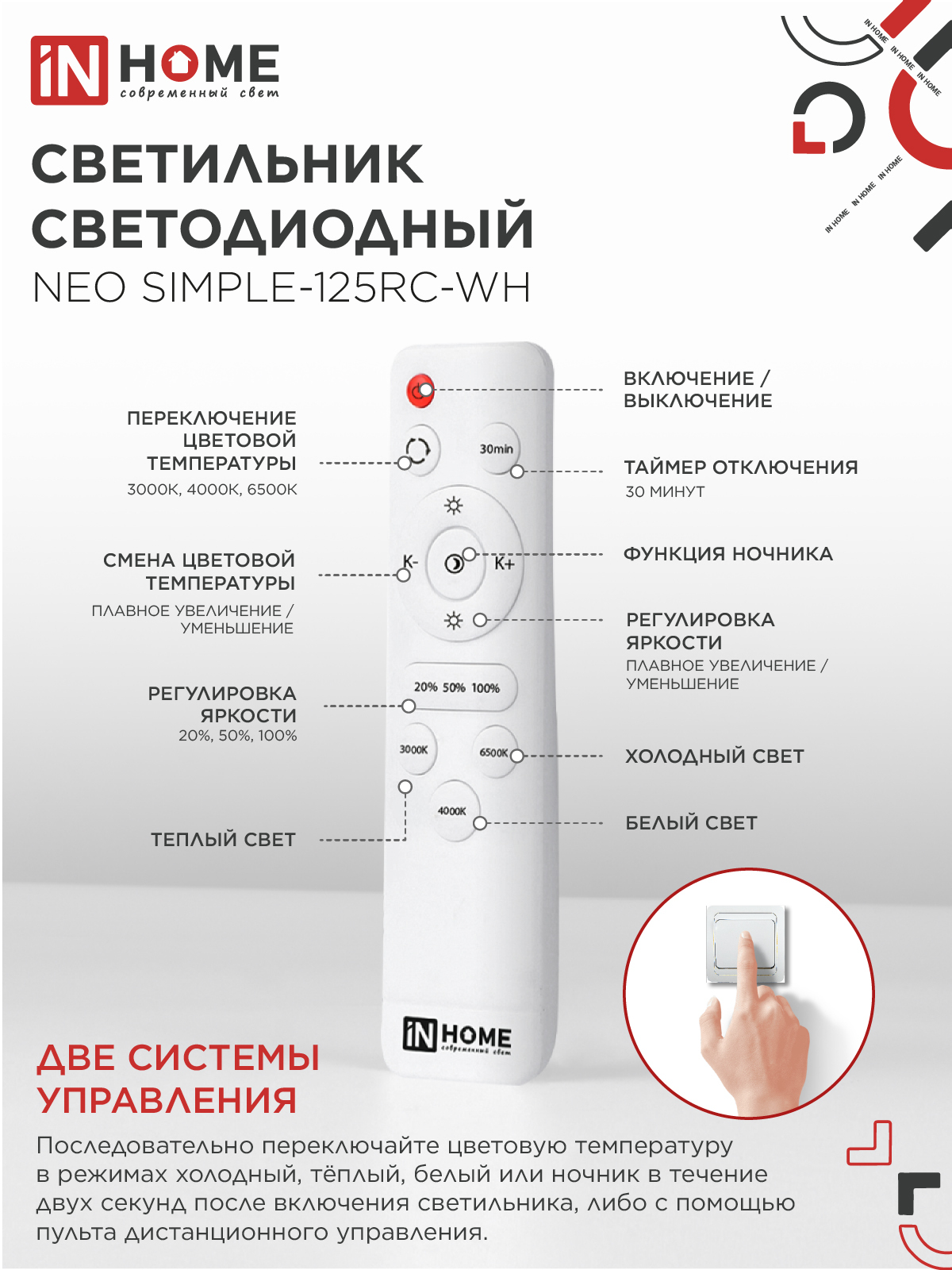 Светильник светодиодный NEO SIMPLE-125RC-WH 125Вт 230В 3000-6500K 10000Лм 460x67мм с пультом ДУ белый IN HOME в Находке