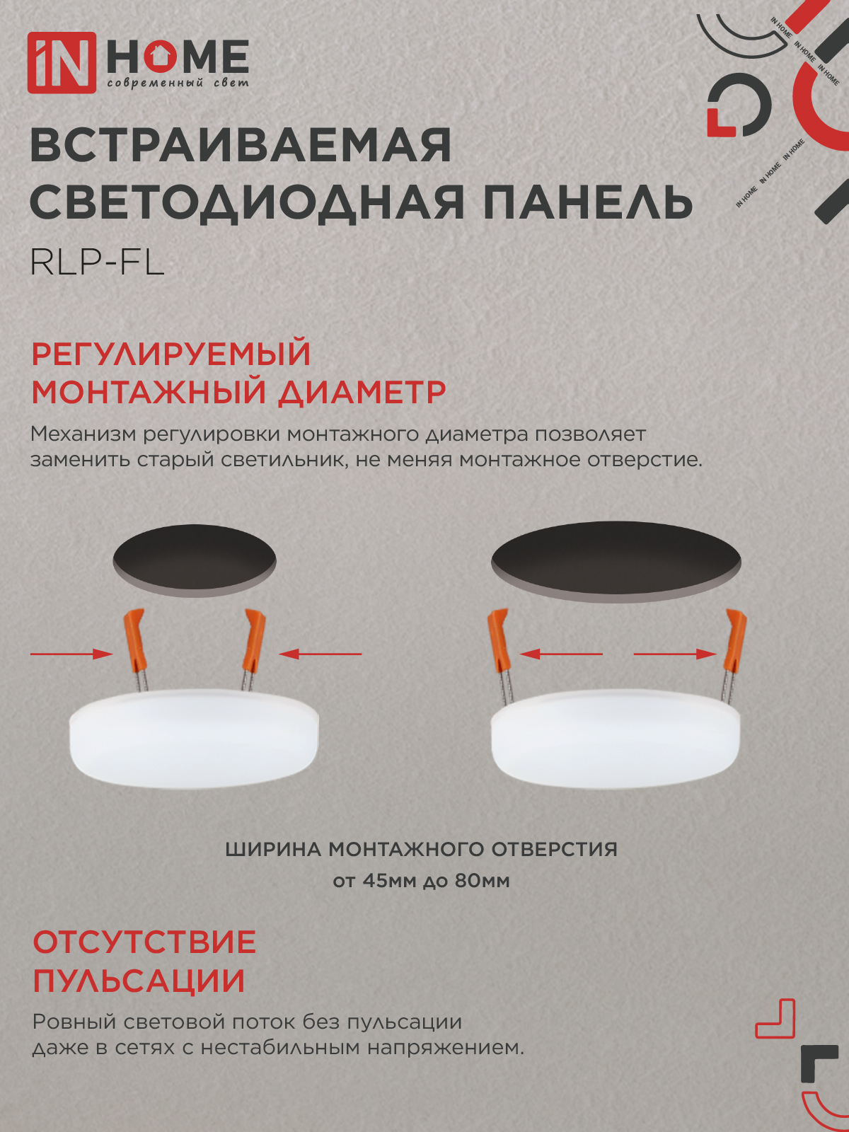 Панель светодиодная встраиваемая безрамочная RLP-FL 10Вт 230В 4000К 900Лм 100мм с регулируемым монтажом 45-80мм белая IP20 IN HOME в Находке