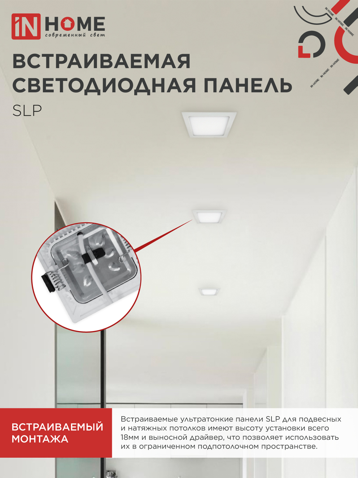 Панель светодиодная встраиваемая квадратная SLP 12Вт 230В 4000К 840Лм 171мм белая IP40 IN HOME в Находке