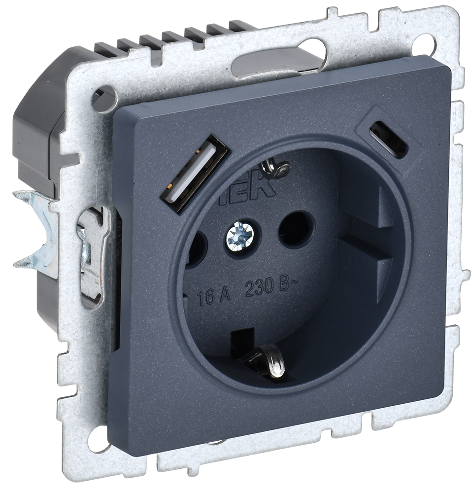 Розетка одинарная с з/к со шторками 16А с USB A+C 18Вт BRITE IEK маренго в Находке