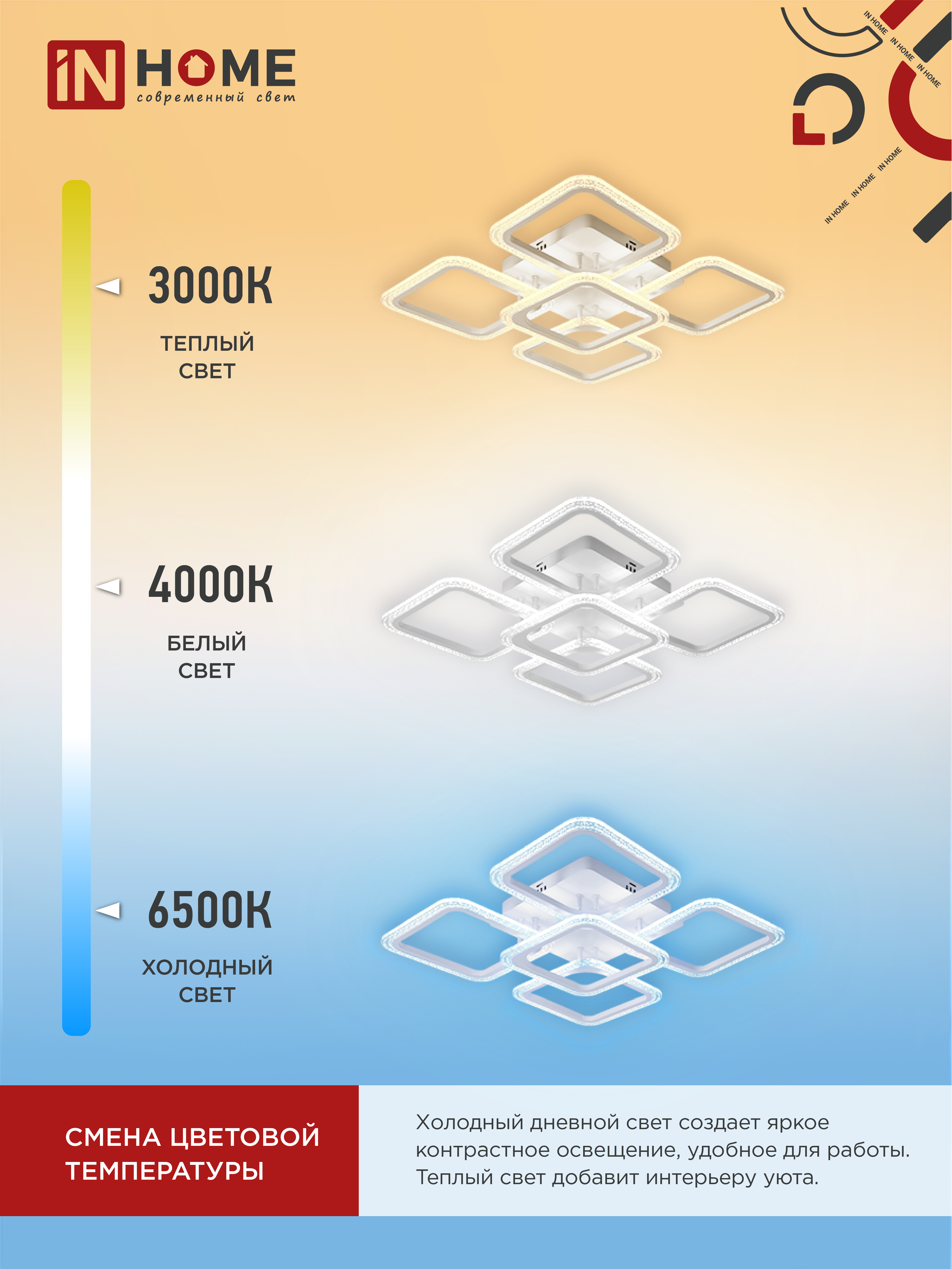 Светильник светодиодный ELEGANT ARIS-W-BG 90Вт 230В 3000-6500K 7000Лм 557х557х115мм пульт ДУ белый IN HOME в Находке