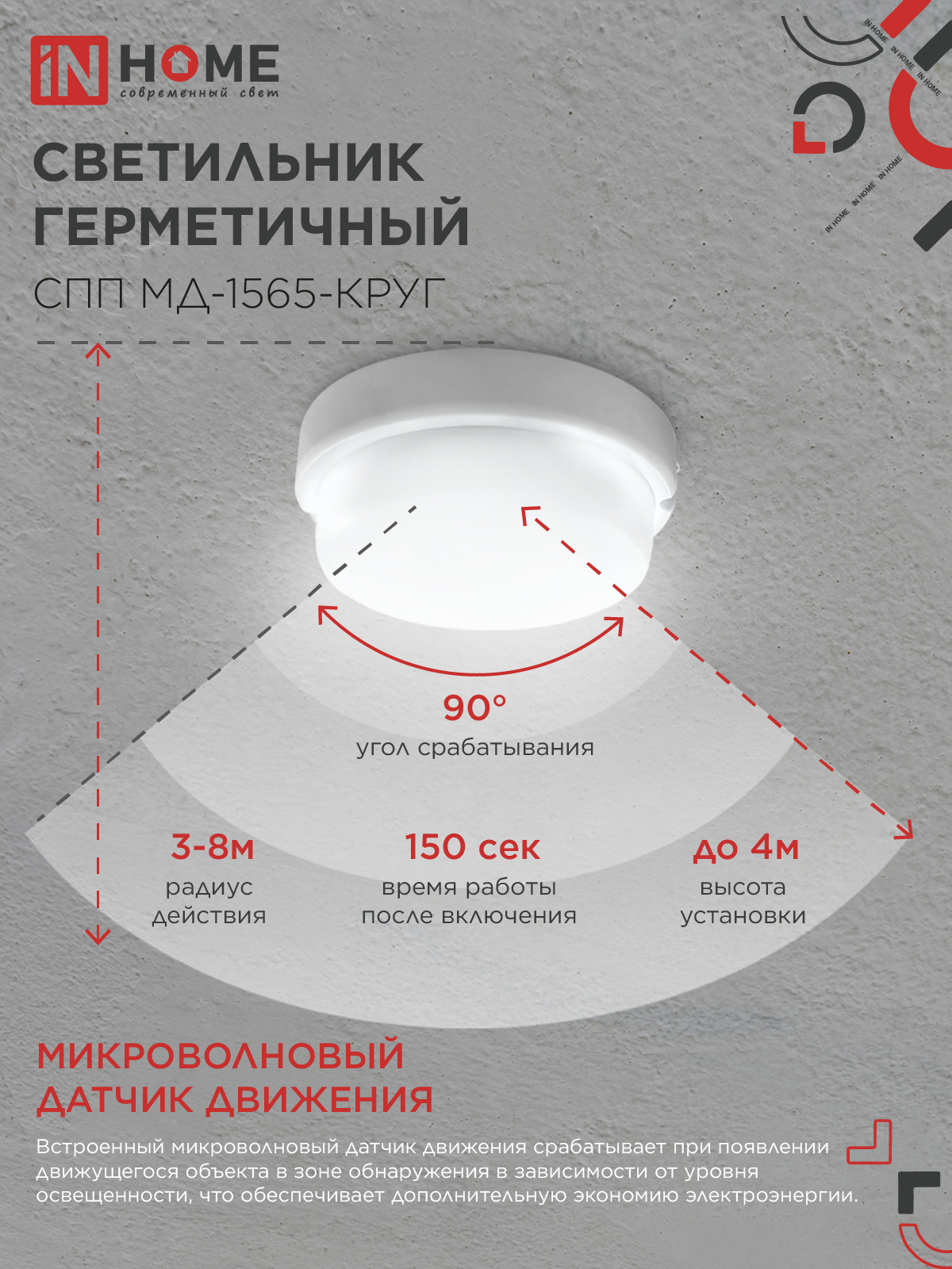 Светильник светодиодный герметичный СПП МД-1565-КРУГ 15Вт 6500К 1350Лм с микроволновым датчиком IP65 140мм IN HOME в Находке