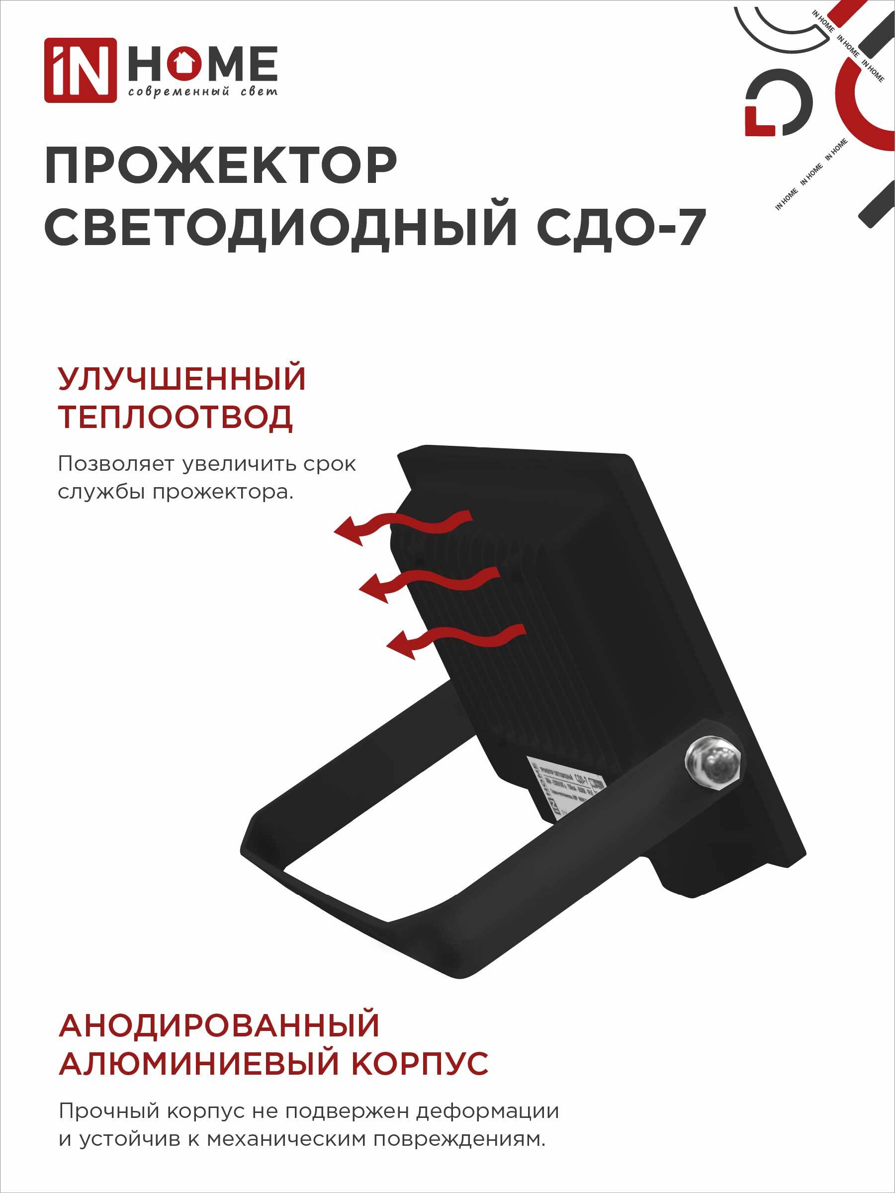 Прожектор светодиодный СДО-7 20Вт 230В 6500К IP65 черный IN HOME в Находке