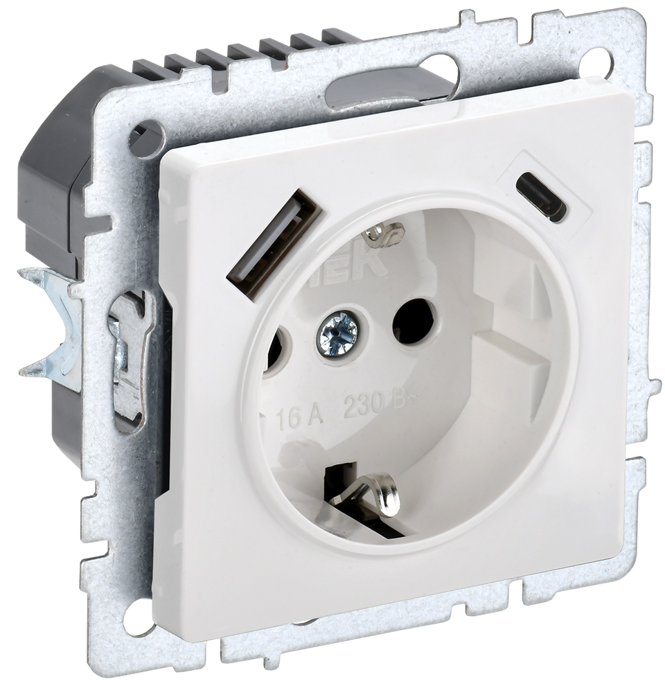 Розетка одинарная с з/к со шторками 16А с USB A+C 18Вт BRITE IEK белая в Находке