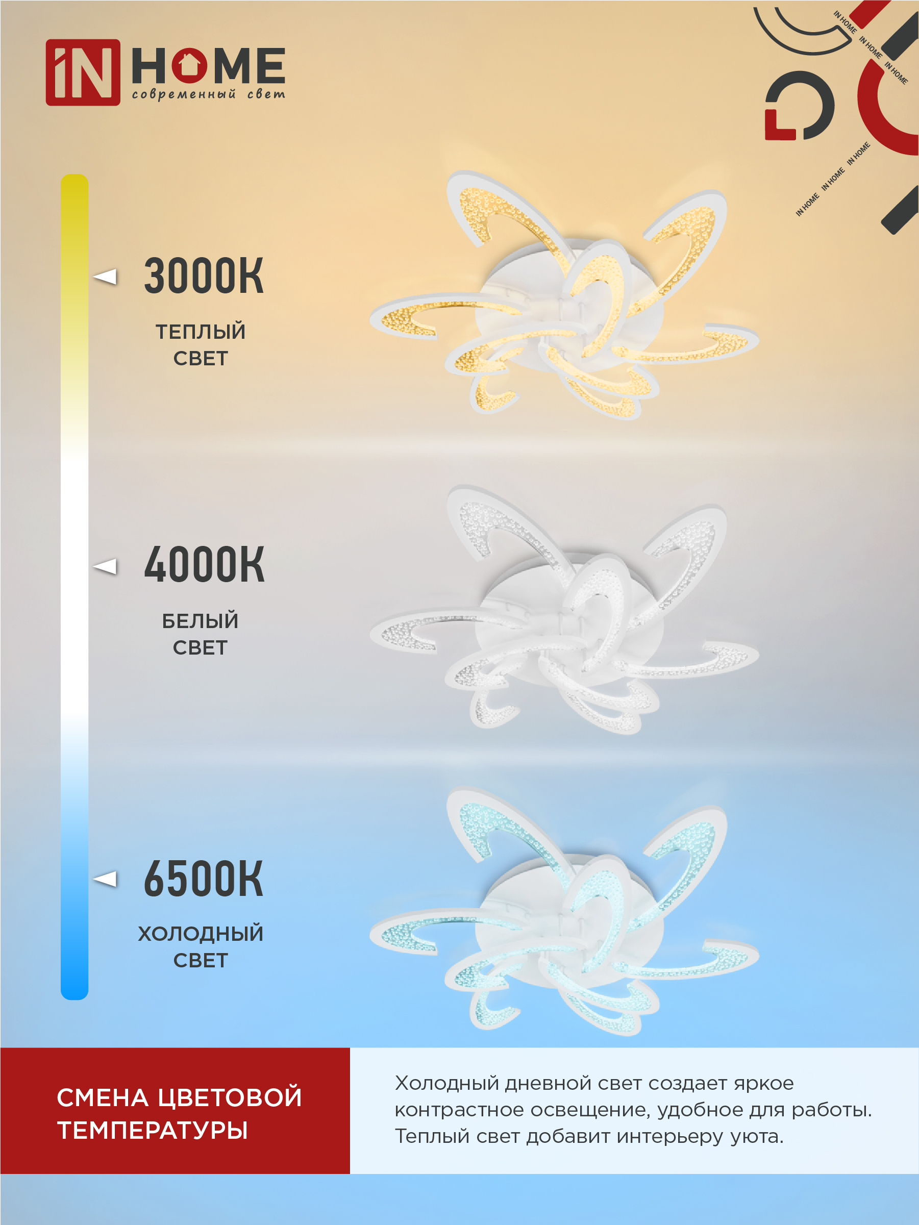 Светильник светодиодный ELEGANT ORBIT 120Вт 230В 3000-6500K 925х810х120мм c пультом ДУ белый IN HOME в Находке