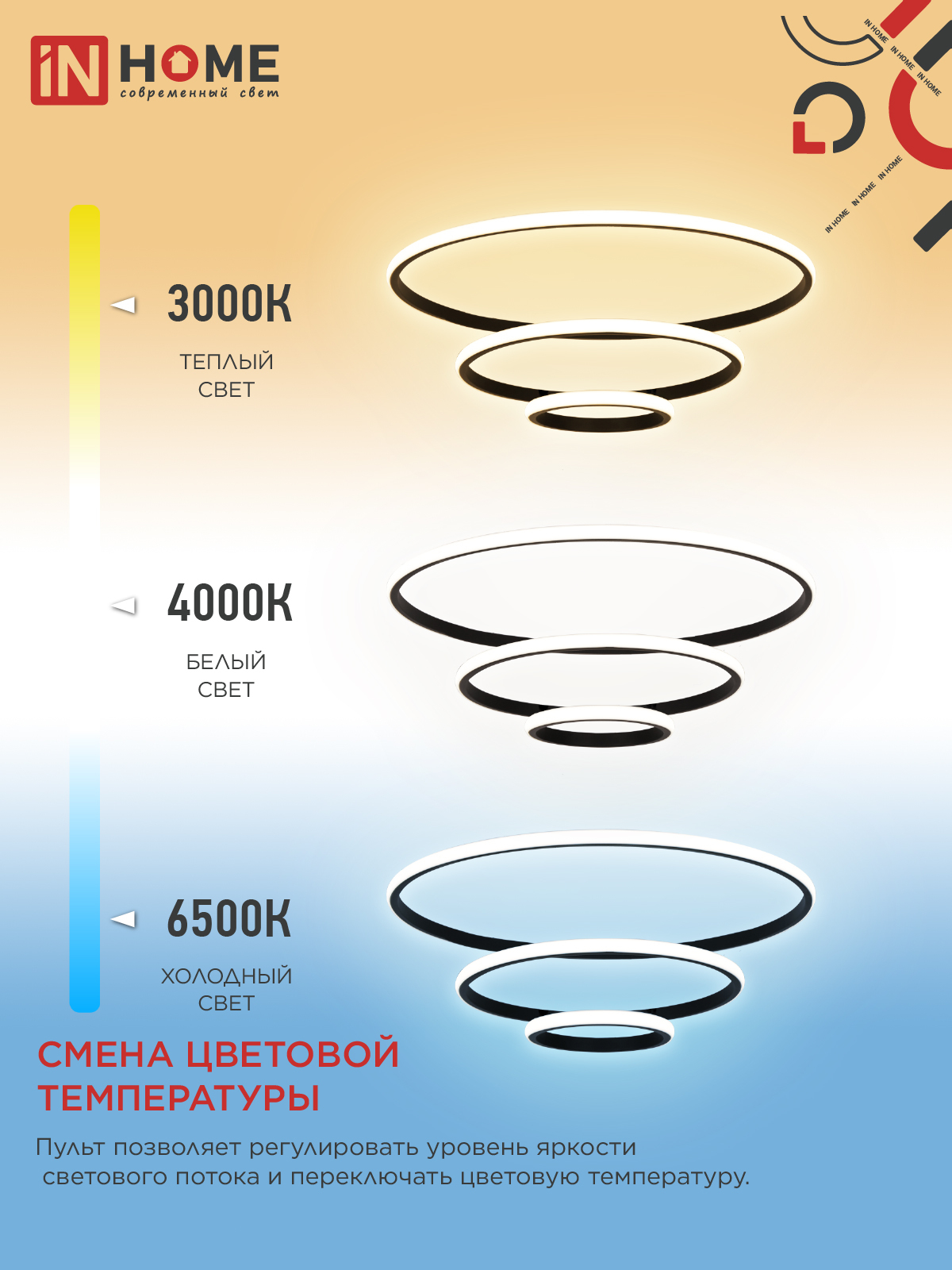 Светильник светодиодный ESTETIKA RING-140RC-3BL 140Вт 230В 3000-6500K 600/400/200 1.2м трос пульт ДУ черный IN HOME в Находке
