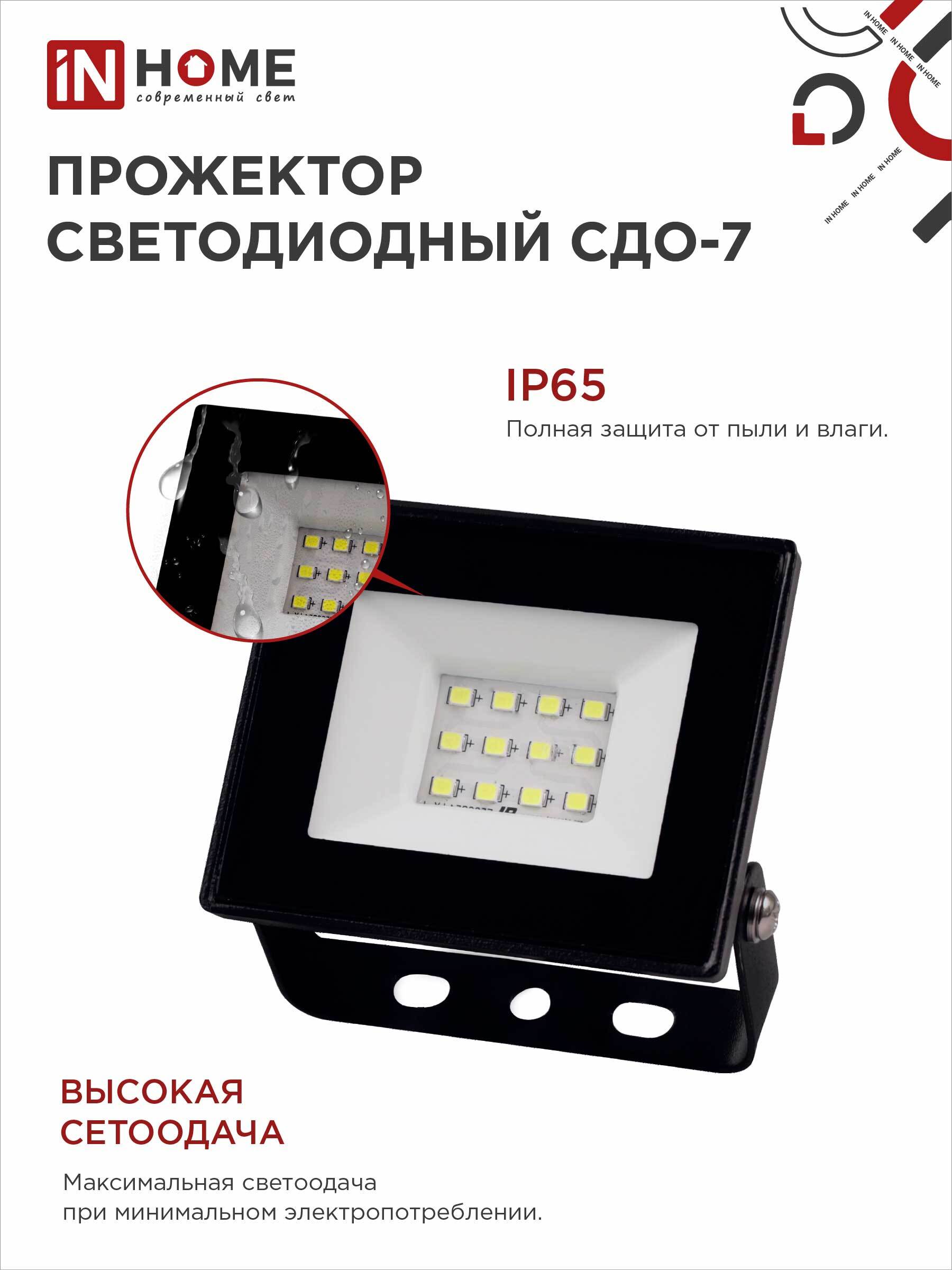 Прожектор светодиодный СДО-7 20Вт 230В 6500К IP65 черный IN HOME в Находке