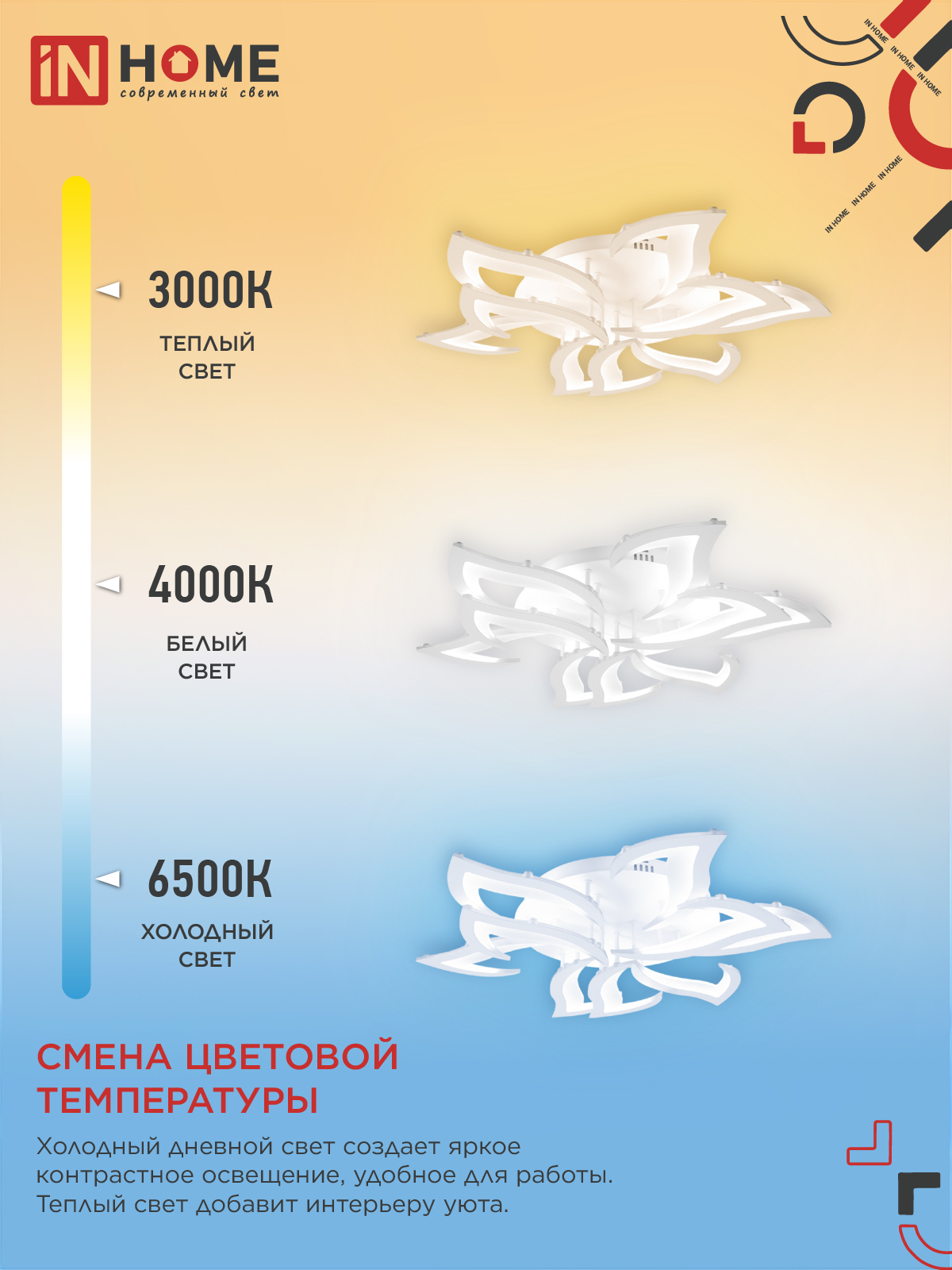 Светильник светодиодный ELEGANT LOTUS 120Вт 230В 3000-6500K 810х700х120мм c пультом ДУ белый IN HOME в Находке