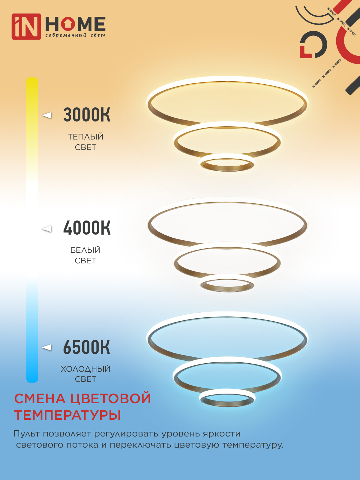 Светильник светодиодный ESTETIKA RING-140RC-3GL 140Вт 230В 3000-6500K 600/400/200 1.2м трос пульт ДУ золото IN HOME в Находке