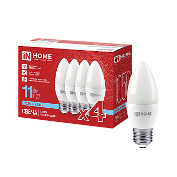 Лампа светодиодная LED-СВЕЧА-VC 4PACK 11Вт 230В Е27 6500К 1050Лм (4шт./упак) IN HOME в Находке