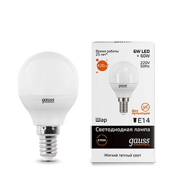 Лампа светодиодная LED-ШАР 6Вт E14 3000K 420Лм Elementary GAUSS в Находке