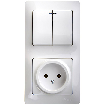 Выключатель двухклавишный с розеткой Glossa SE с подсветкой белый в Находке