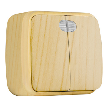 Выключатель 2-клавишный ОП Минск 10А с индикатором светлое дерево EKF в Находке