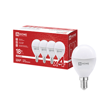 Лампа светодиодная LED-ШАР-VC 4PACK 18Вт 230В Е14 4000К 1620Лм (4шт./упак) IN HOME в Находке