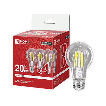 Лампа светодиодная LED-A60-deco 4PACK 20Вт 230В Е27 4000К 1890Лм (4шт./упак) прозрачная IN HOME в Находке