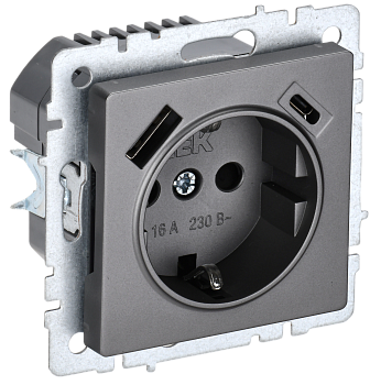 Розетка одинарная с з/к со шторками 16А с USB A+C 18Вт BRITE IEK сталь в Находке