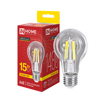 Лампа светодиодная LED-A60-deco 15Вт 230В Е27 3000К 1480Лм прозрачная IN HOME в Находке