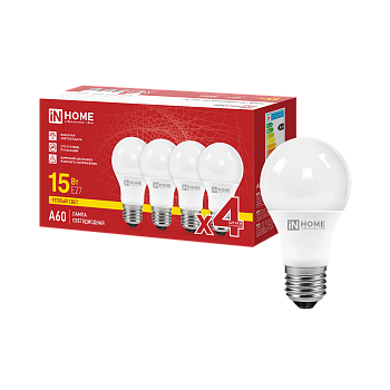 Лампа светодиодная LED-A60-VC 4PACK 15Вт 230В Е27 3000К 1430Лм (4шт./упак) IN HOME в Находке