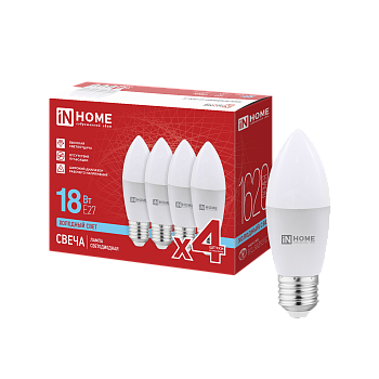 Лампа светодиодная LED-СВЕЧА-VC 4PACK 18Вт 230В Е27 6500К 1620Лм (4шт./упак) IN HOME в Находке