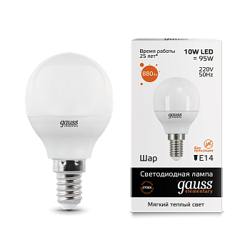Лампа светодиодная LED-ШАР 10Вт E14 3000K 880Лм Elementary GAUSS в Находке