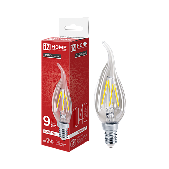 Лампа светодиодная LED-СВЕЧА НА ВЕТРУ-deco 9Вт 230В Е14 4000К 1040Лм прозрачная IN HOME в Находке