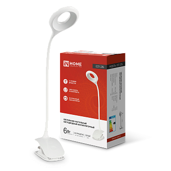 Светильник настольный светодиодный CRAFT ССП-22Б аккумулятор 6Вт 480Лм, сенсор-диммер, USB-кабель, на прищепке БЕЛЫЙ IN HOME в Находке