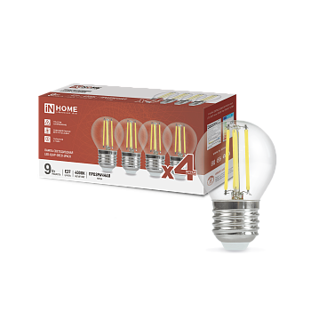 Лампа светодиодная LED-ШАР-deco 4PACK 9Вт 230В Е27 4000К 1040Лм (4шт./упак) прозрачная IN HOME в Находке