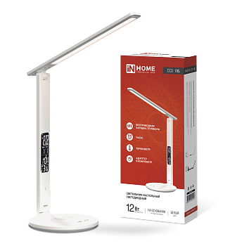 Светильник настольный светодиодный PLUS ССО-18Б 12Вт 3000-6500К 600Лм сенсор, с беспроводной зарядкой, часы, температура, с адаптером БЕЛЫЙ IN HOME в Находке