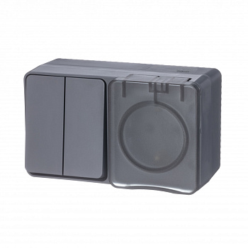 Выключатель двухклавишный с розеткой AtlasDesign SE Profi54 с заземлением со шторкой с крышкой накладной антрацит в Находке