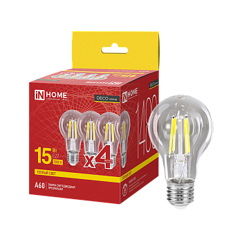 Лампа светодиодная LED-A60-deco 4PACK 15Вт 230В Е27 3000К 1480Лм (4шт./упак) прозрачная IN HOME в Находке